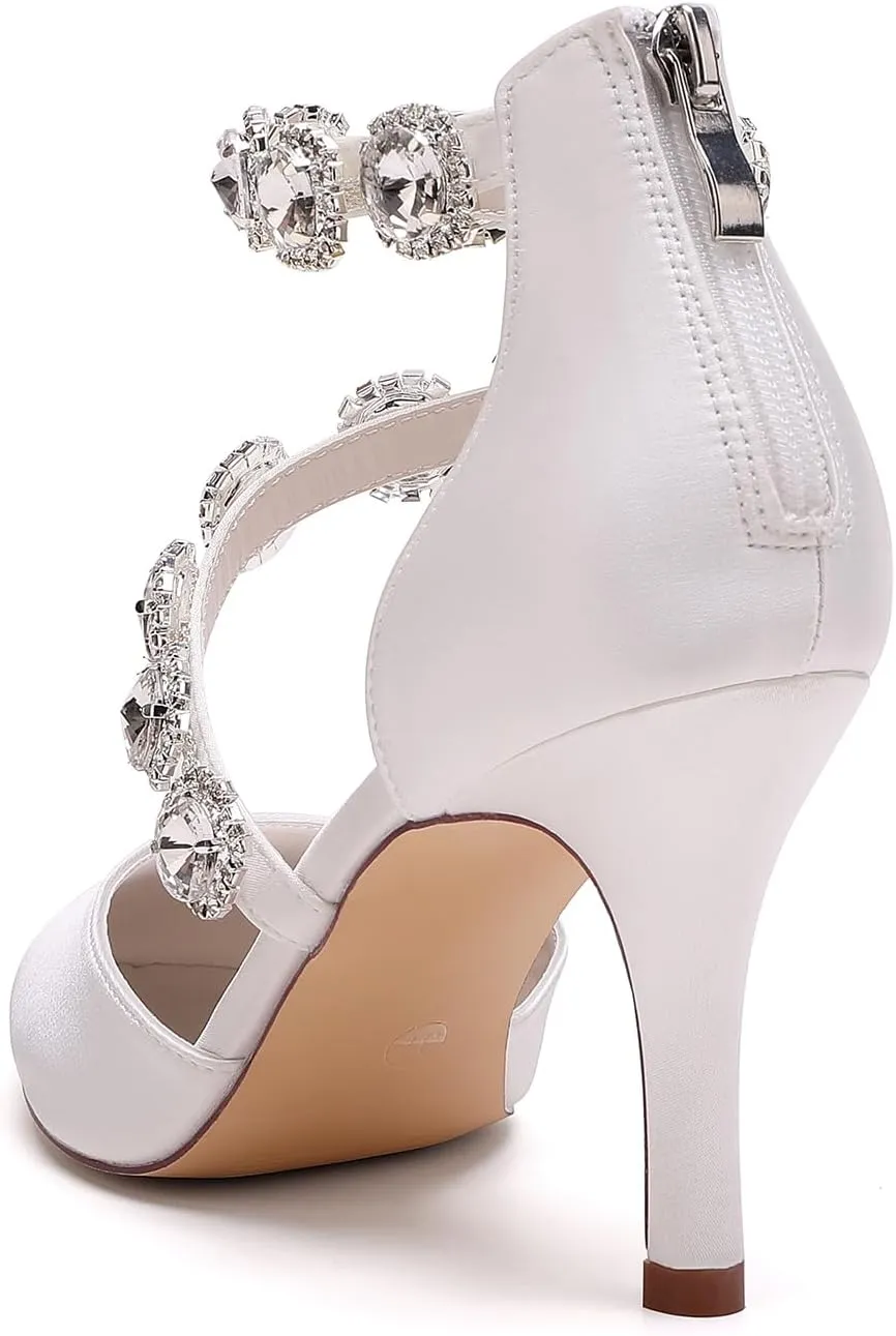 Women's Closed Pointed Toe High Heels Rhinestones Satin Wedding Stilettos Crystal Pump Shoes Heeled Sandals