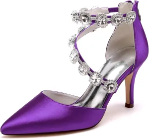 Women's Closed Pointed Toe High Heels Rhinestones Satin Wedding Stilettos Crystal Pump Shoes Heeled Sandals