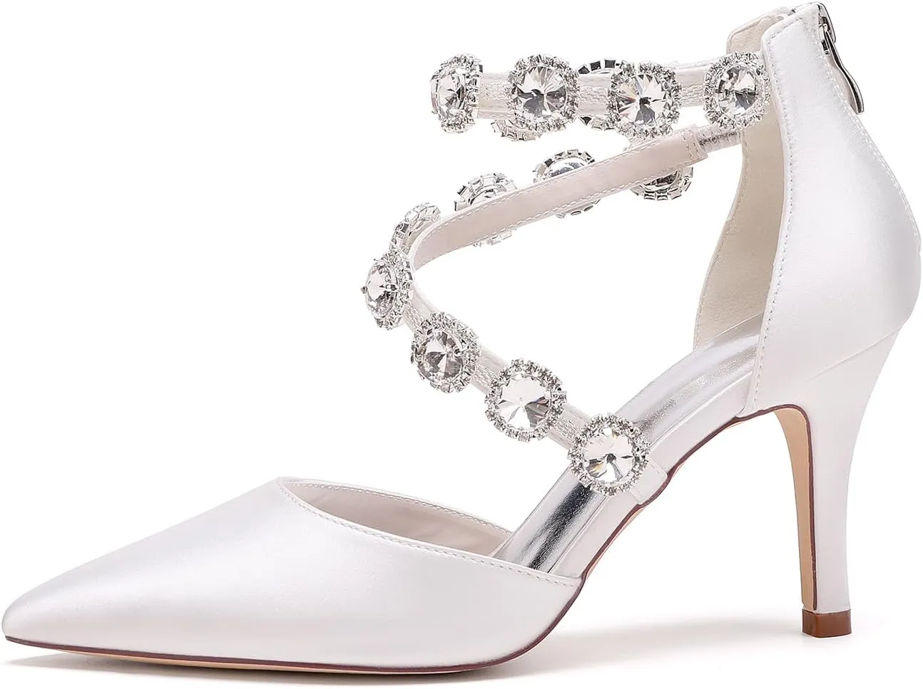 Women's Closed Pointed Toe High Heels Rhinestones Satin Wedding Stilettos Crystal Pump Shoes Heeled Sandals