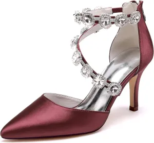 Women's Closed Pointed Toe High Heels Rhinestones Satin Wedding Stilettos Crystal Pump Shoes Heeled Sandals