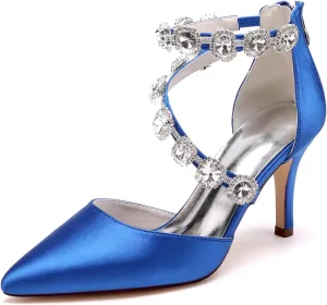 Women's Closed Pointed Toe High Heels Rhinestones Satin Wedding Stilettos Crystal Pump Shoes Heeled Sandals