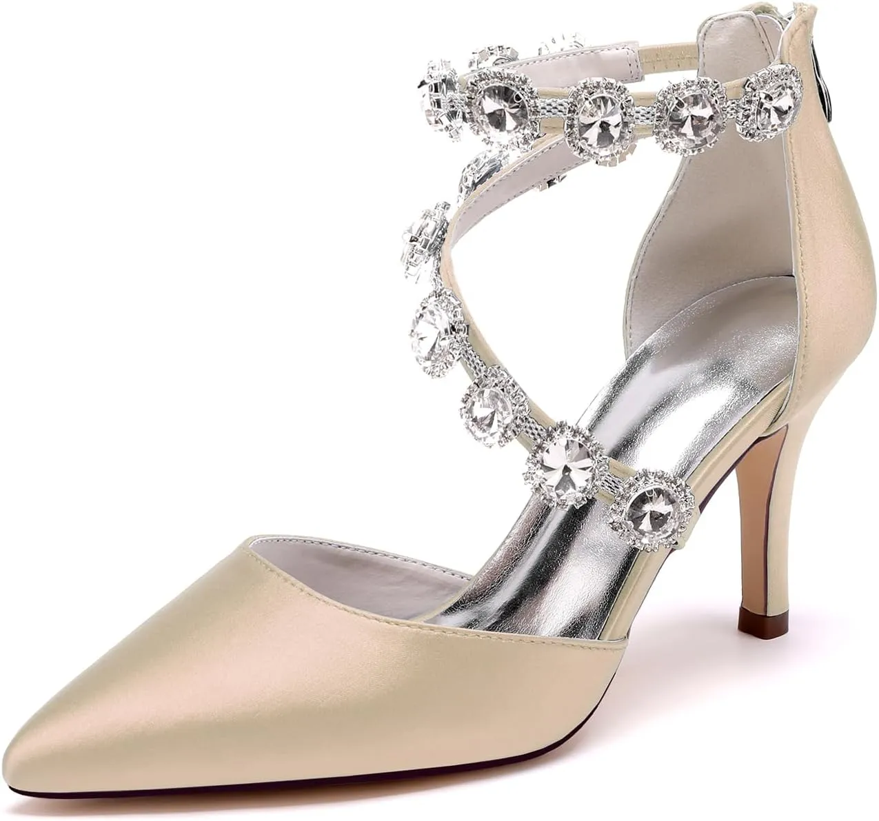 Women's Closed Pointed Toe High Heels Rhinestones Satin Wedding Stilettos Crystal Pump Shoes Heeled Sandals