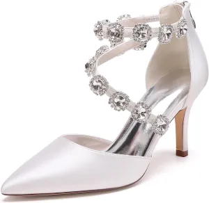 Women's Closed Pointed Toe High Heels Rhinestones Satin Wedding Stilettos Crystal Pump Shoes Heeled Sandals