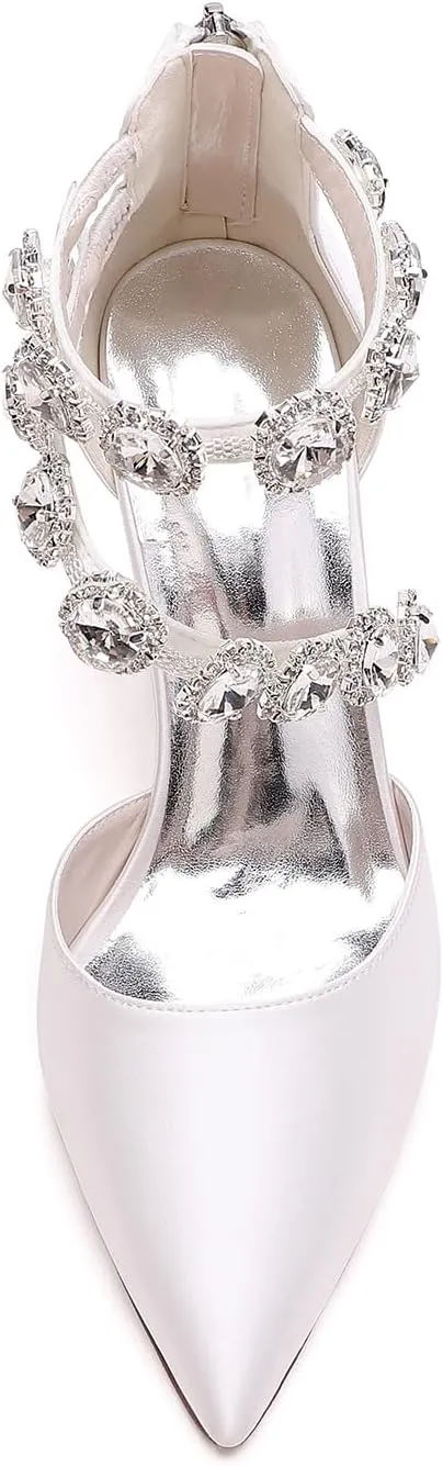 Women's Closed Pointed Toe High Heels Rhinestones Satin Wedding Stilettos Crystal Pump Shoes Heeled Sandals