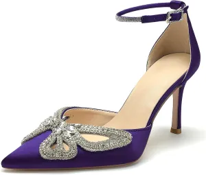 Women's Closed Pointed Toe Pumps Rhinestone Bow Sparkly Wedding Shoes High Stiletto Heels Satin Ankle Strap Heeled Prom Dress Sandals