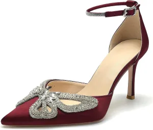 Women's Closed Pointed Toe Pumps Rhinestone Bow Sparkly Wedding Shoes High Stiletto Heels Satin Ankle Strap Heeled Prom Dress Sandals