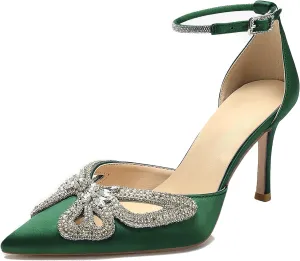 Women's Closed Pointed Toe Pumps Rhinestone Bow Sparkly Wedding Shoes High Stiletto Heels Satin Ankle Strap Heeled Prom Dress Sandals