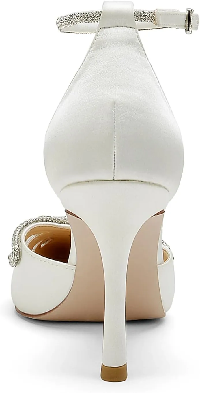 Women's Closed Pointed Toe Pumps Rhinestone Bow Sparkly Wedding Shoes High Stiletto Heels Satin Ankle Strap Heeled Prom Dress Sandals