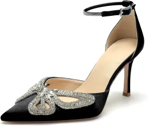 Women's Closed Pointed Toe Pumps Rhinestone Bow Sparkly Wedding Shoes High Stiletto Heels Satin Ankle Strap Heeled Prom Dress Sandals
