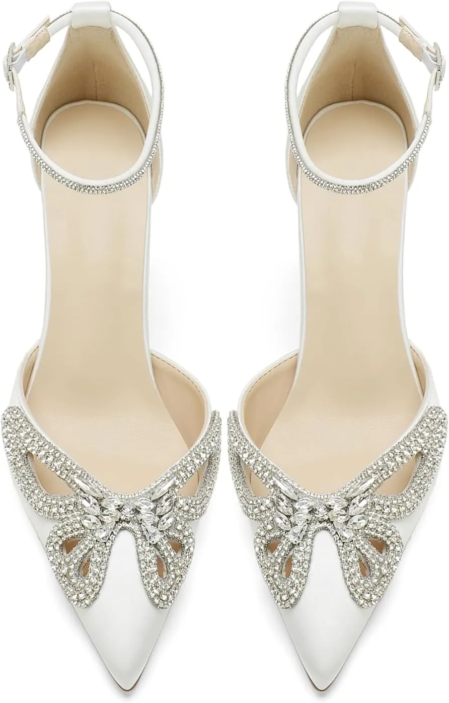 Women's Closed Pointed Toe Pumps Rhinestone Bow Sparkly Wedding Shoes High Stiletto Heels Satin Ankle Strap Heeled Prom Dress Sandals