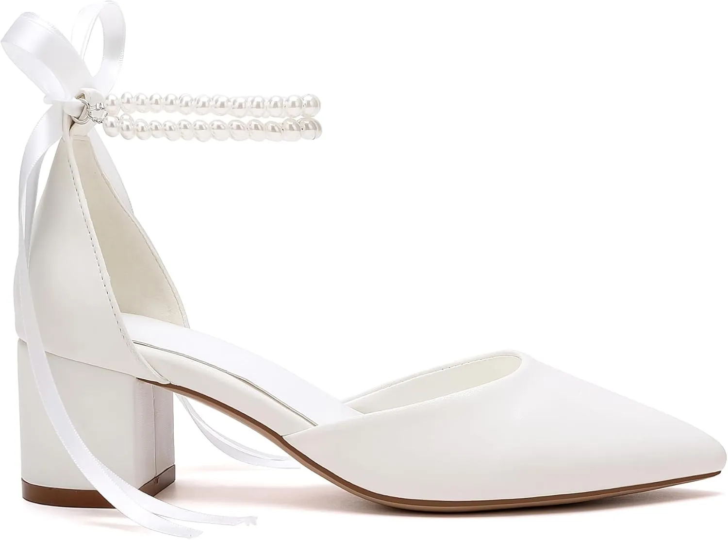 Women's Closed Pointed Toe Pumps with Pearl Ankle Strap Sparkly Wedding Shoes Chunky Heels Satin Heeled Prom Dress Sandals