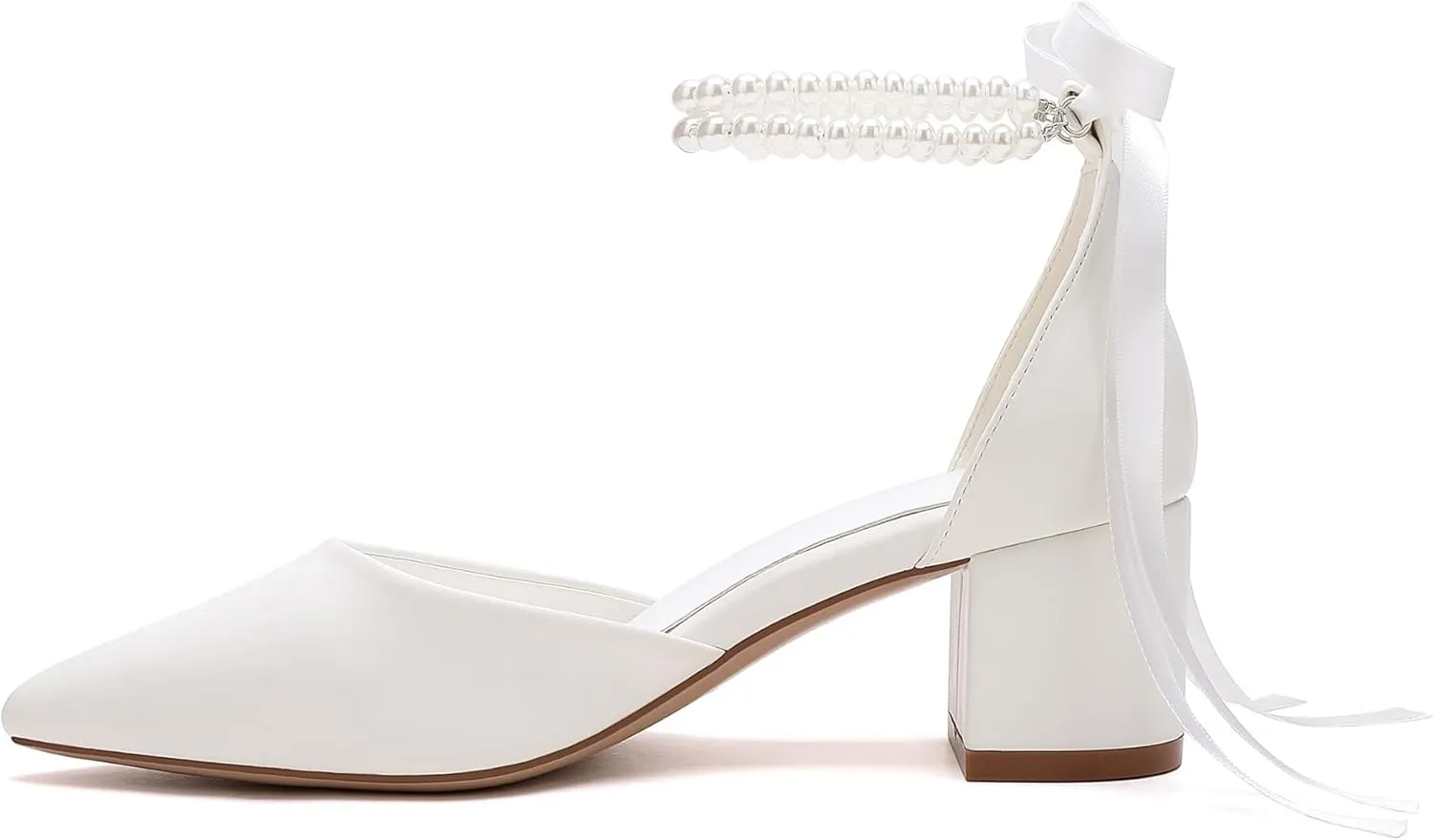 Women's Closed Pointed Toe Pumps with Pearl Ankle Strap Sparkly Wedding Shoes Chunky Heels Satin Heeled Prom Dress Sandals
