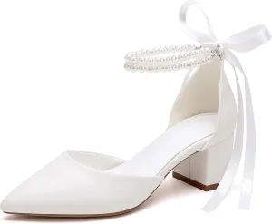 Women's Closed Pointed Toe Pumps with Pearl Ankle Strap Sparkly Wedding Shoes Chunky Heels Satin Heeled Prom Dress Sandals