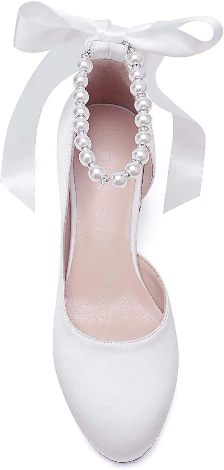 Women's Closed Round Toe Low Chunky Heels Pearls Block Pumps Ankle Strap Wedding Business Dressy Shoes
