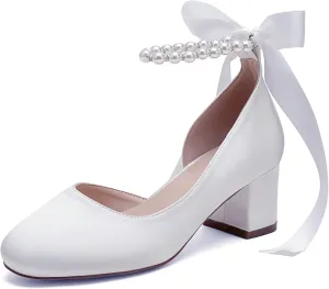 Women's Closed Round Toe Low Chunky Heels Pearls Block Pumps Ankle Strap Wedding Business Dressy Shoes