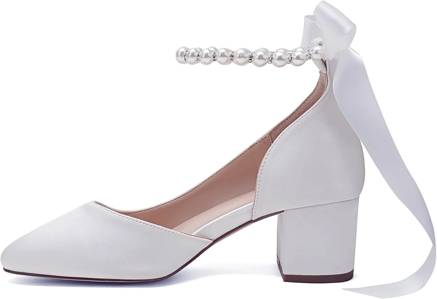 Women's Closed Round Toe Low Chunky Heels Pearls Block Pumps Ankle Strap Wedding Business Dressy Shoes