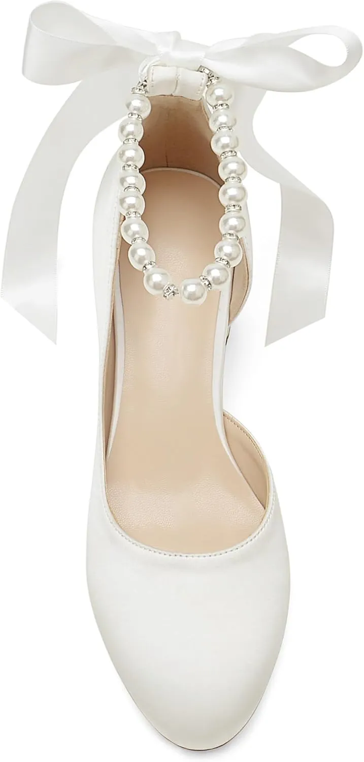 Women's Closed Round Toe Low Chunky Heels Pearls Block Pumps Ankle Strap Wedding Business Dressy Shoes