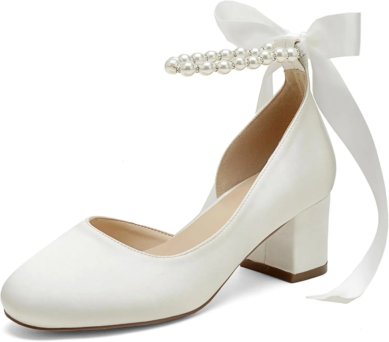 Women's Closed Round Toe Low Chunky Heels Pearls Block Pumps Ankle Strap Wedding Business Dressy Shoes