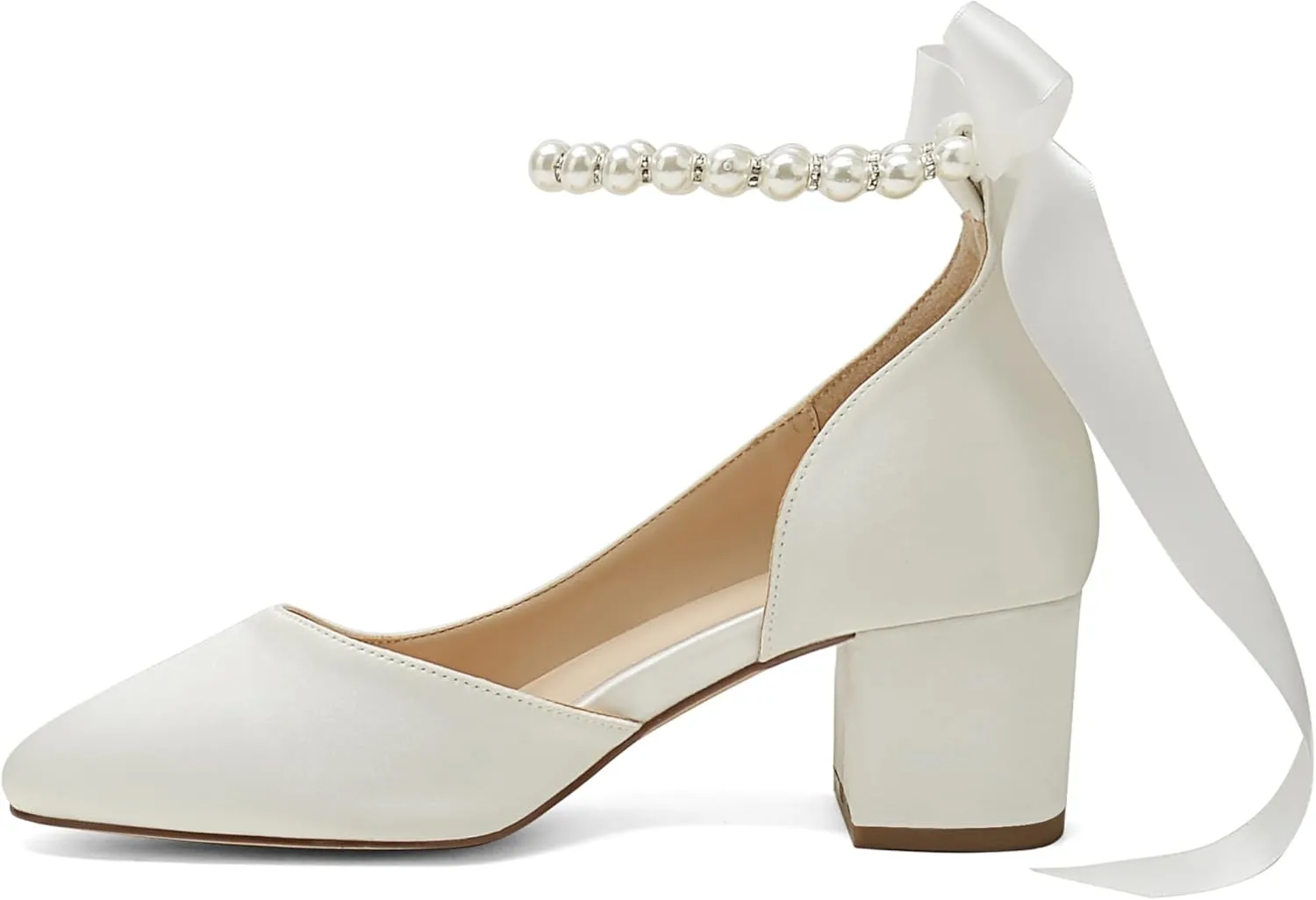 Women's Closed Round Toe Low Chunky Heels Pearls Block Pumps Ankle Strap Wedding Business Dressy Shoes
