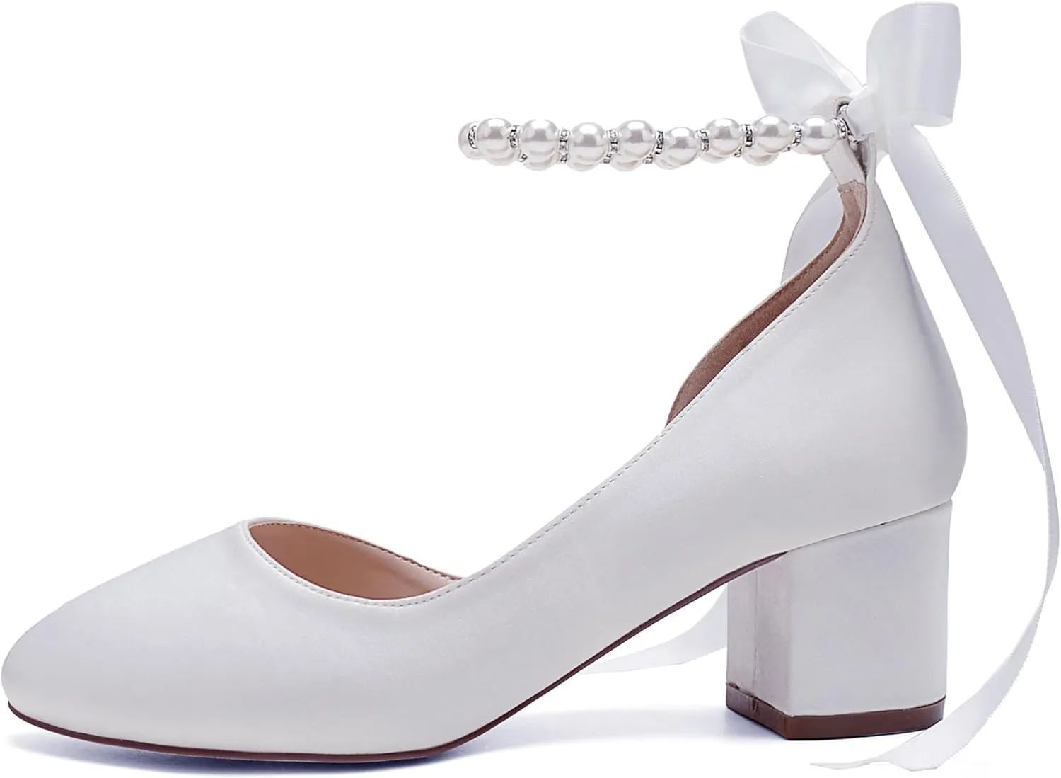Women's Closed Round Toe Low Chunky Heels Pearls Block Pumps Ankle Strap Wedding Business Dressy Shoes