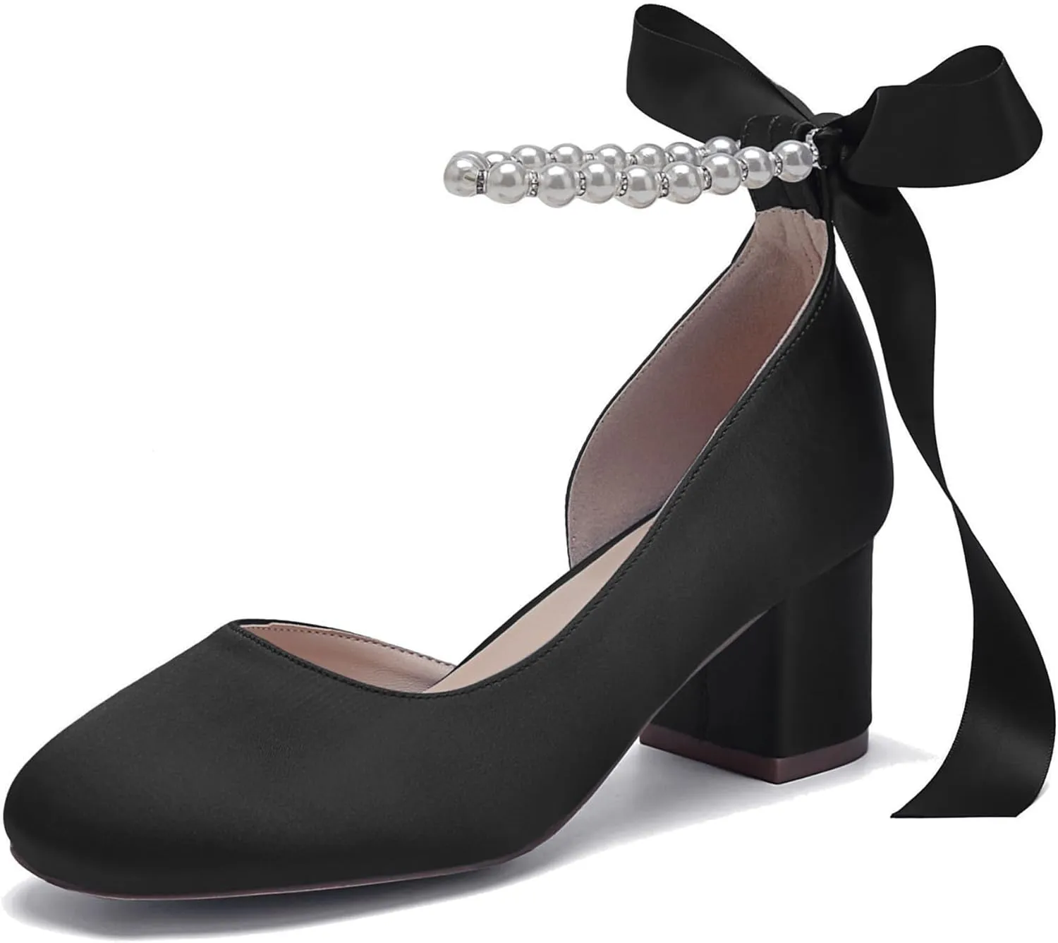 Women's Closed Round Toe Low Chunky Heels Pearls Block Pumps Ankle Strap Wedding Business Dressy Shoes