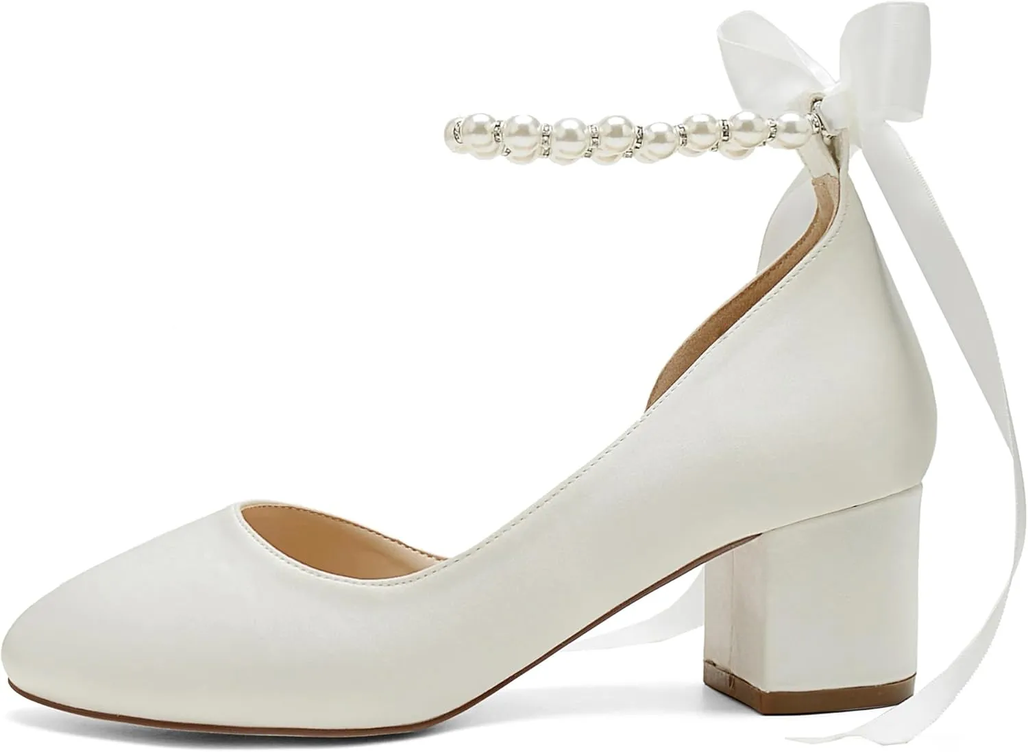 Women's Closed Round Toe Low Chunky Heels Pearls Block Pumps Ankle Strap Wedding Business Dressy Shoes