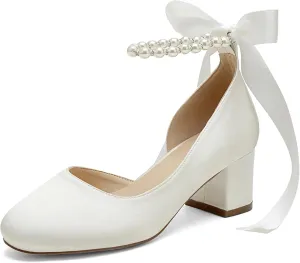 Women's Closed Round Toe Low Chunky Heels Pearls Block Pumps Ankle Strap Wedding Business Dressy Shoes