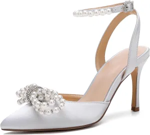 Women's Closed Toe High Heels Satin Wedding Pumps with Pearls Rhinestone Bow Ankle Strap Stiletto High Heel Sandals