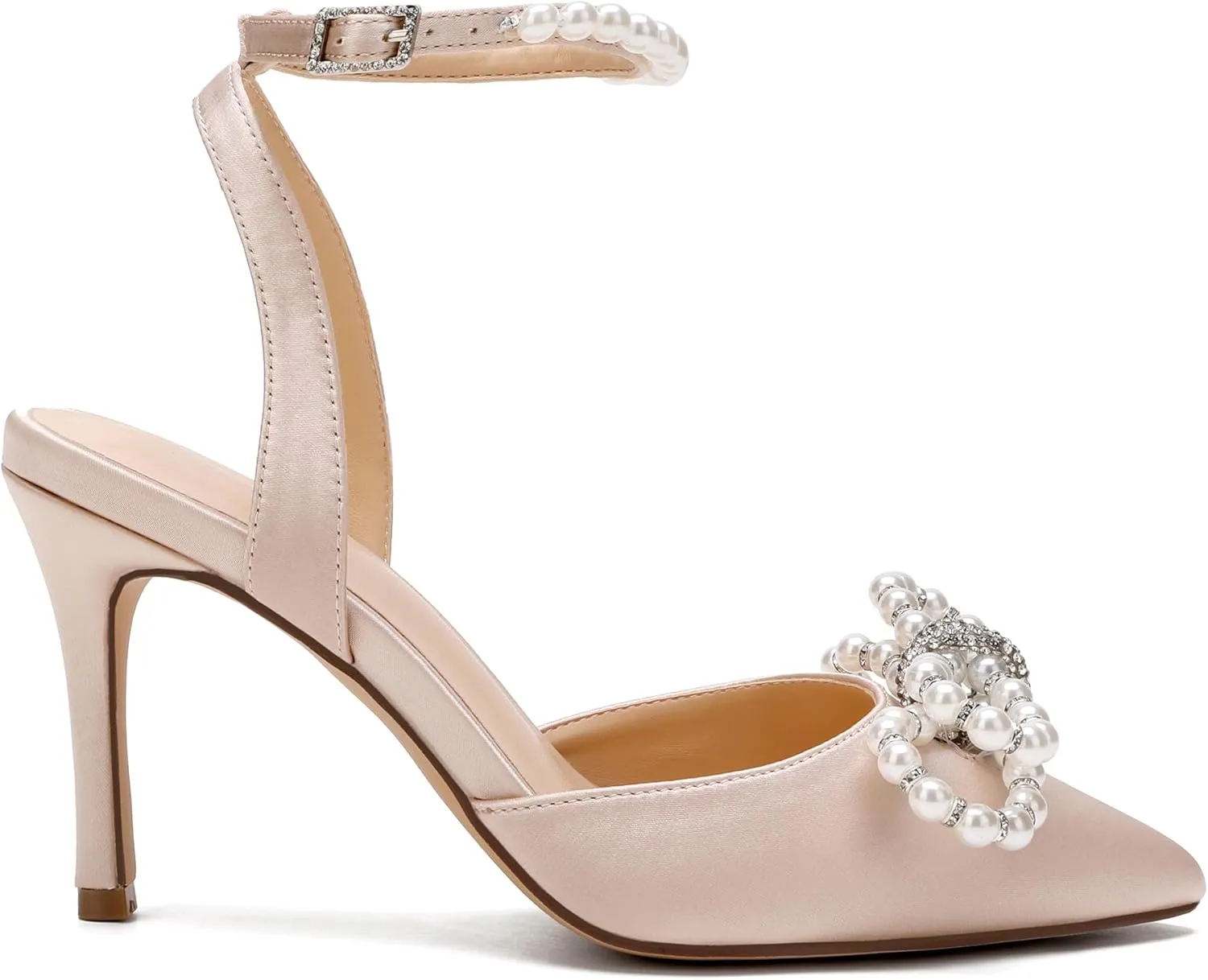 Women's Closed Toe High Heels Satin Wedding Pumps with Pearls Rhinestone Bow Ankle Strap Stiletto High Heel Sandals