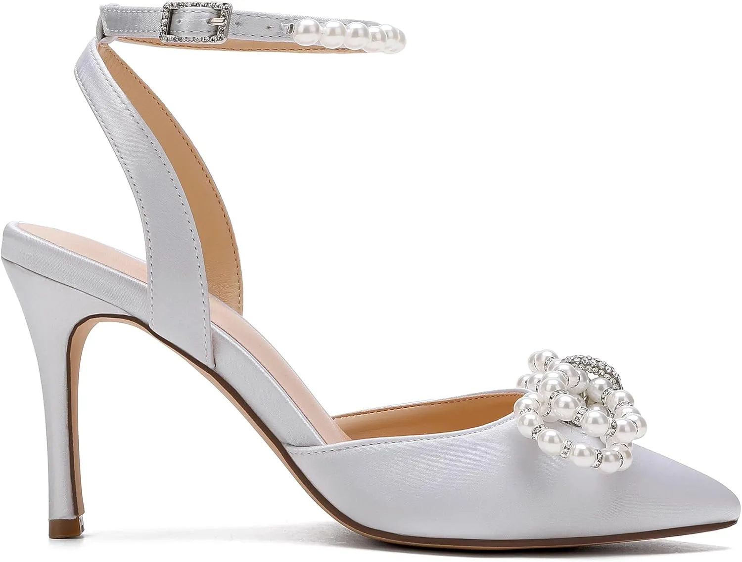 Women's Closed Toe High Heels Satin Wedding Pumps with Pearls Rhinestone Bow Ankle Strap Stiletto High Heel Sandals