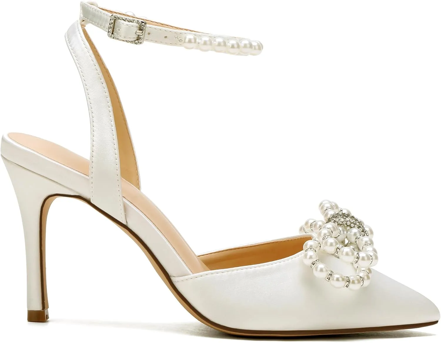 Women's Closed Toe High Heels Satin Wedding Pumps with Pearls Rhinestone Bow Ankle Strap Stiletto High Heel Sandals