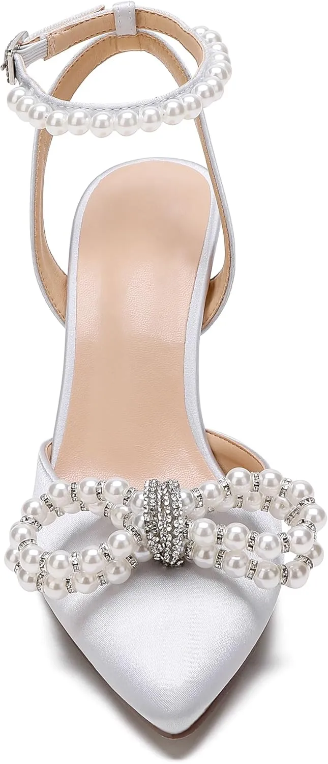 Women's Closed Toe High Heels Satin Wedding Pumps with Pearls Rhinestone Bow Ankle Strap Stiletto High Heel Sandals
