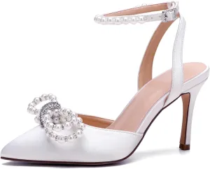 Women's Closed Toe High Heels Satin Wedding Pumps with Pearls Rhinestone Bow Ankle Strap Stiletto High Heel Sandals
