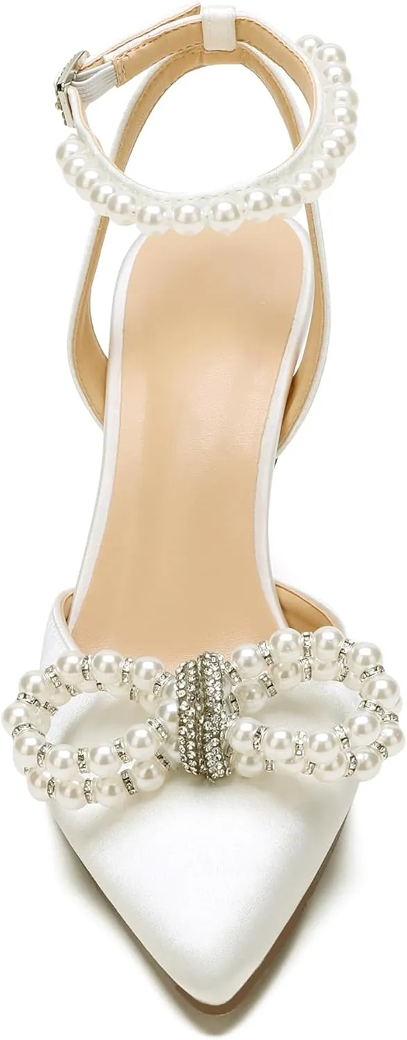 Women's Closed Toe High Heels Satin Wedding Pumps with Pearls Rhinestone Bow Ankle Strap Stiletto High Heel Sandals