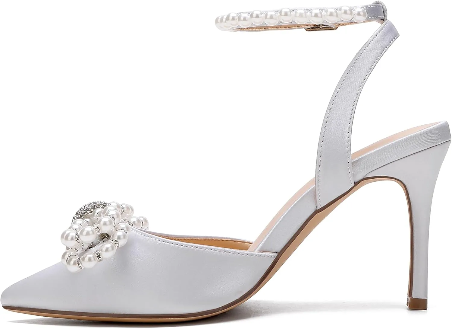 Women's Closed Toe High Heels Satin Wedding Pumps with Pearls Rhinestone Bow Ankle Strap Stiletto High Heel Sandals