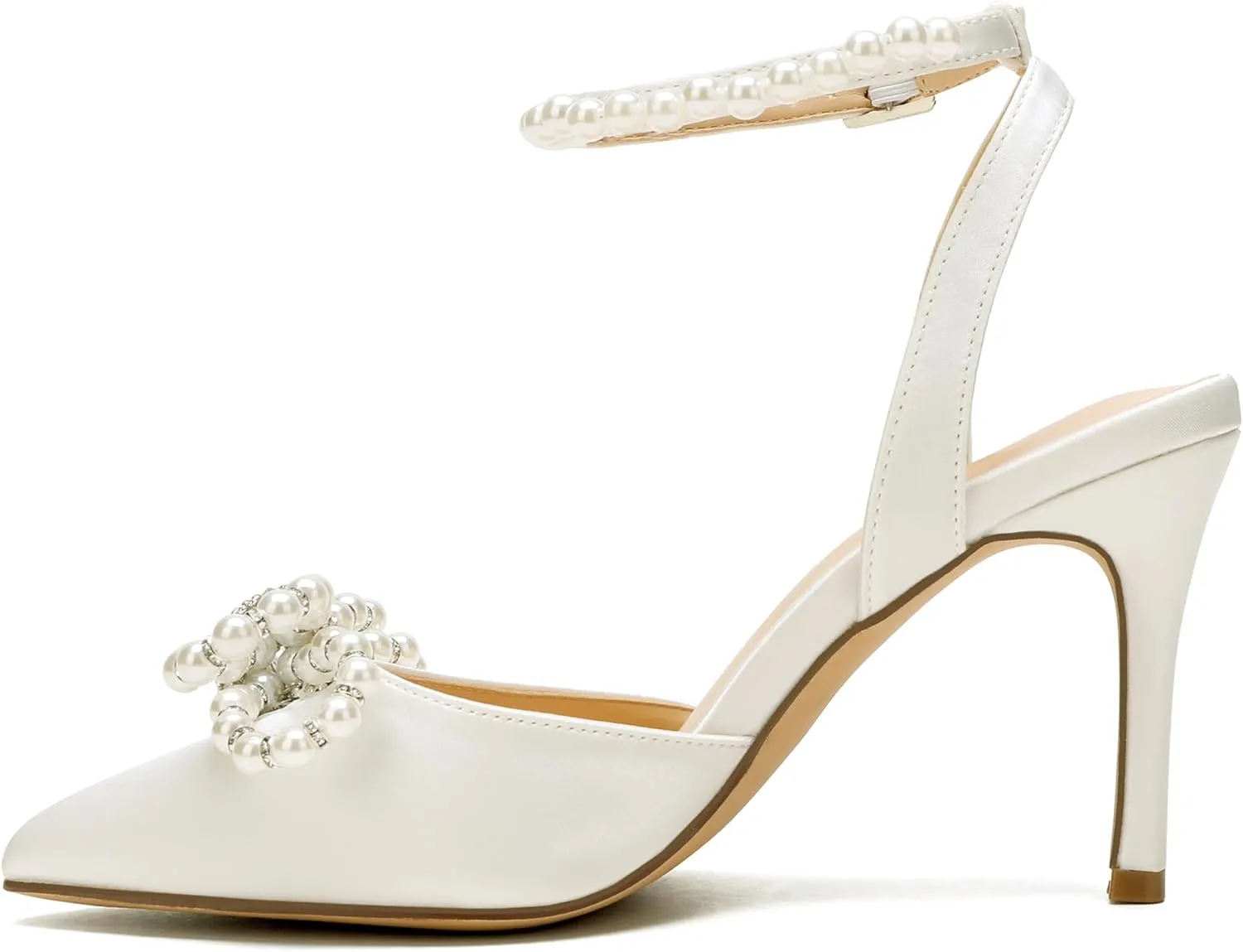 Women's Closed Toe High Heels Satin Wedding Pumps with Pearls Rhinestone Bow Ankle Strap Stiletto High Heel Sandals
