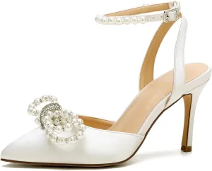 Women's Closed Toe High Heels Satin Wedding Pumps with Pearls Rhinestone Bow Ankle Strap Stiletto High Heel Sandals