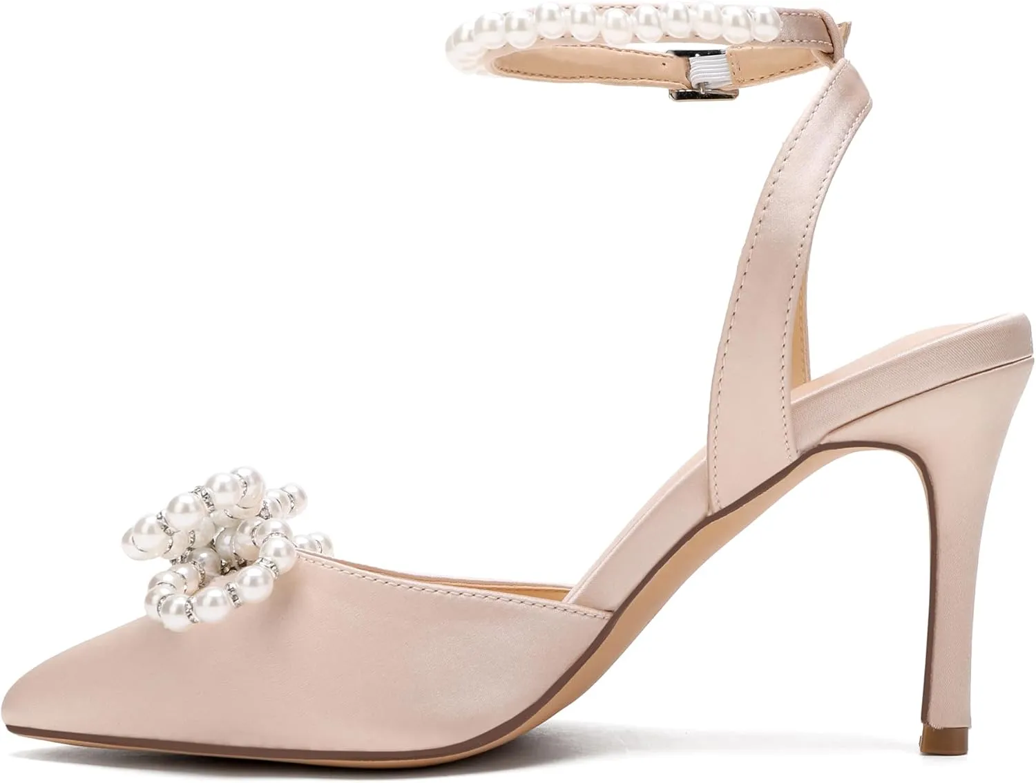 Women's Closed Toe High Heels Satin Wedding Pumps with Pearls Rhinestone Bow Ankle Strap Stiletto High Heel Sandals