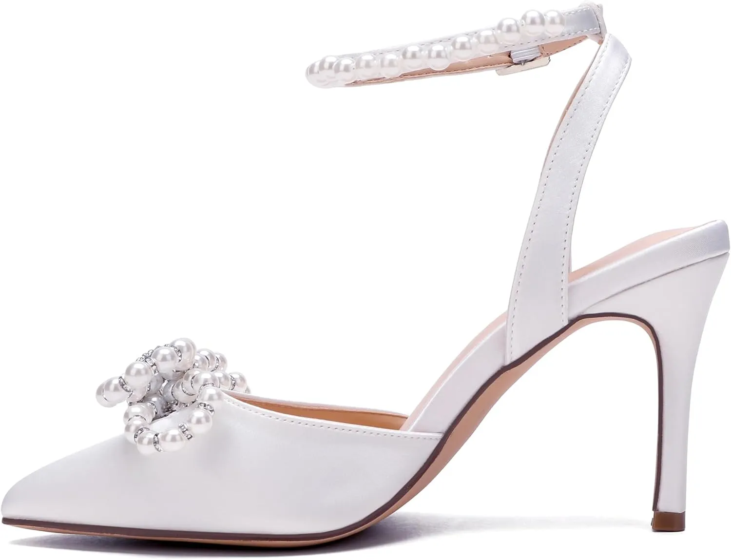 Women's Closed Toe High Heels Satin Wedding Pumps with Pearls Rhinestone Bow Ankle Strap Stiletto High Heel Sandals