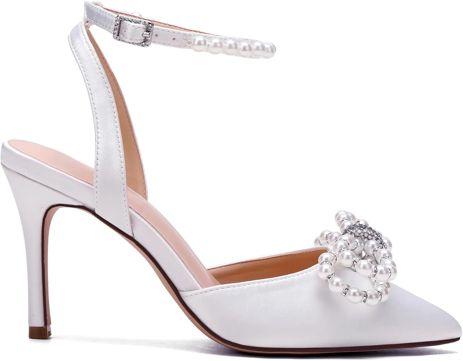 Women's Closed Toe High Heels Satin Wedding Pumps with Pearls Rhinestone Bow Ankle Strap Stiletto High Heel Sandals