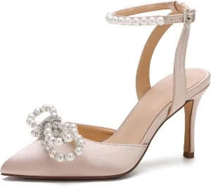 Women's Closed Toe High Heels Satin Wedding Pumps with Pearls Rhinestone Bow Ankle Strap Stiletto High Heel Sandals