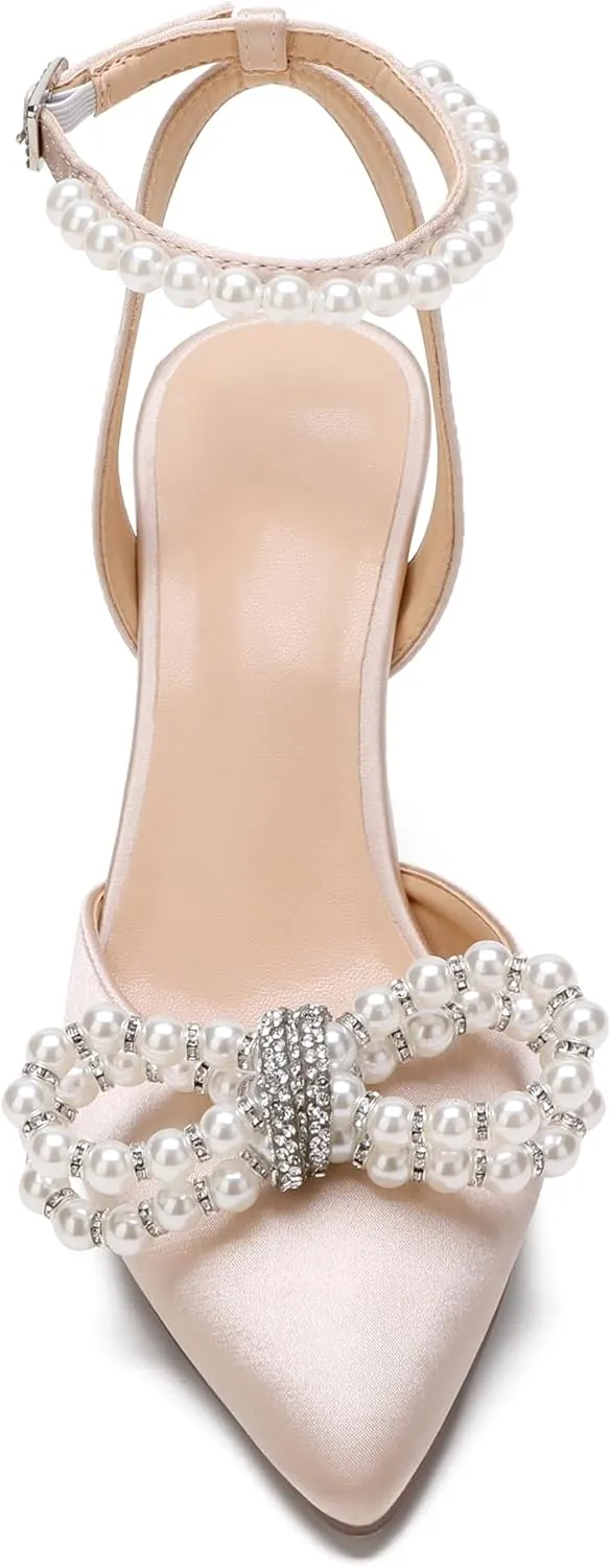 Women's Closed Toe High Heels Satin Wedding Pumps with Pearls Rhinestone Bow Ankle Strap Stiletto High Heel Sandals