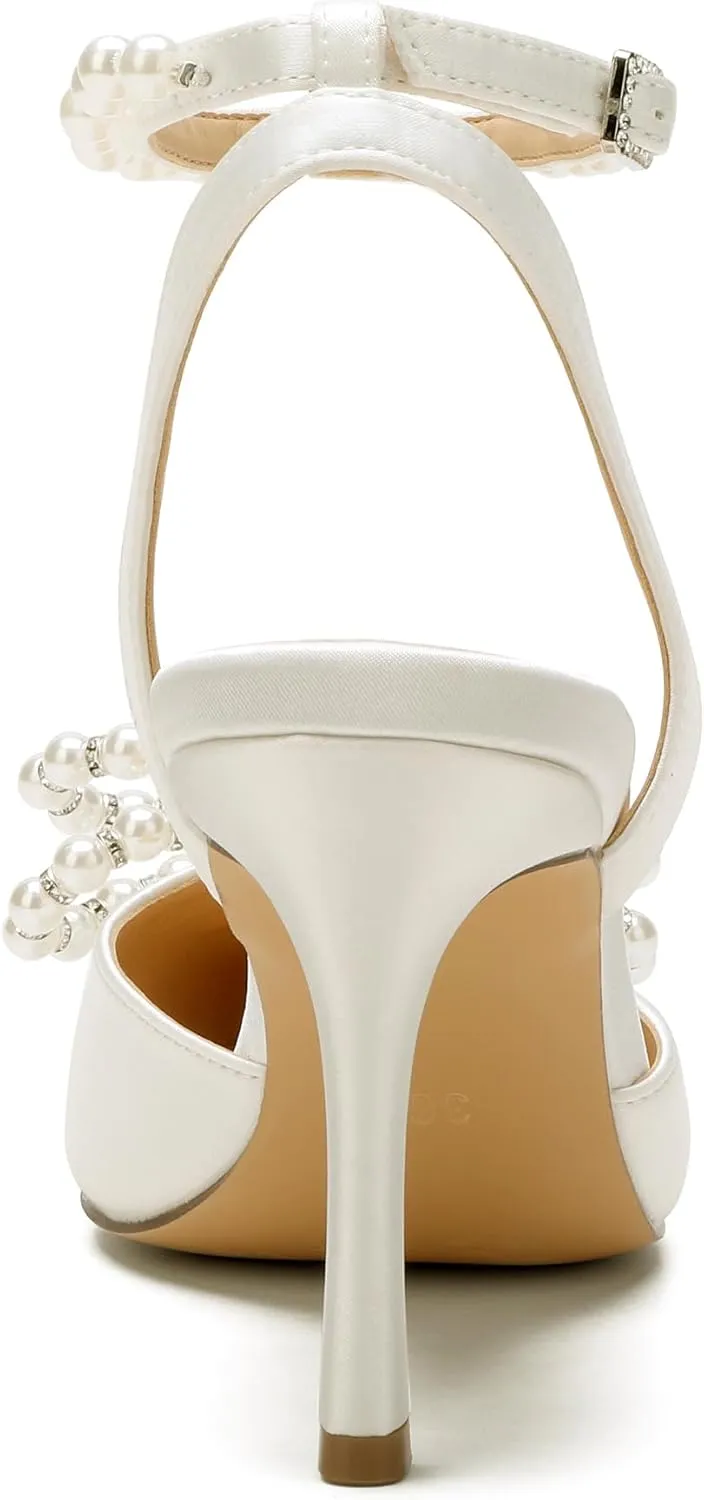 Women's Closed Toe High Heels Satin Wedding Pumps with Pearls Rhinestone Bow Ankle Strap Stiletto High Heel Sandals