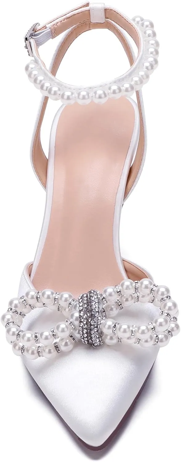 Women's Closed Toe High Heels Satin Wedding Pumps with Pearls Rhinestone Bow Ankle Strap Stiletto High Heel Sandals