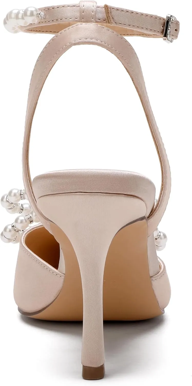 Women's Closed Toe High Heels Satin Wedding Pumps with Pearls Rhinestone Bow Ankle Strap Stiletto High Heel Sandals
