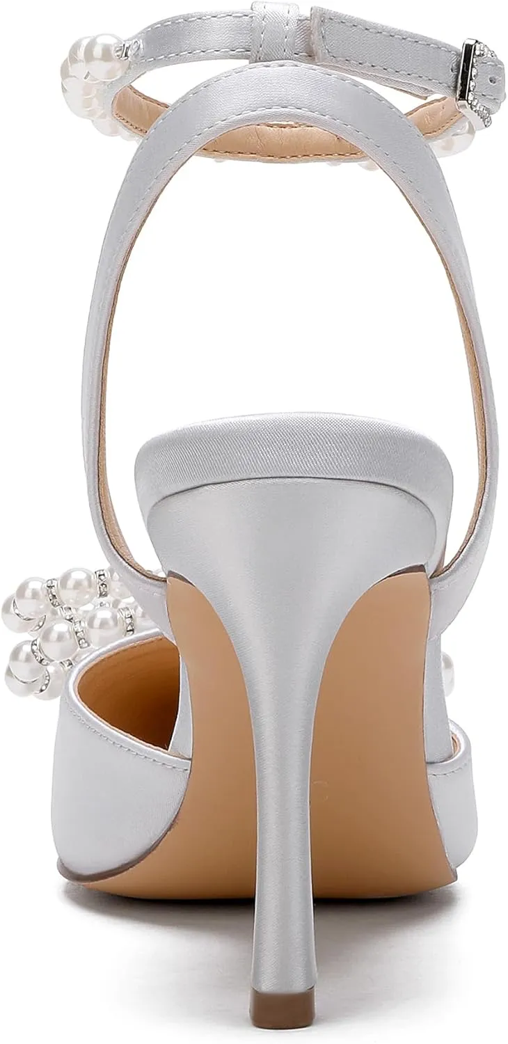 Women's Closed Toe High Heels Satin Wedding Pumps with Pearls Rhinestone Bow Ankle Strap Stiletto High Heel Sandals