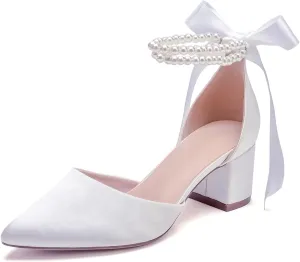 Women's Closed Toe Wedding Shoes Chunky Block Heels with Pearls Satin Pumps Ankle Strap Prom Evening Party Shoes