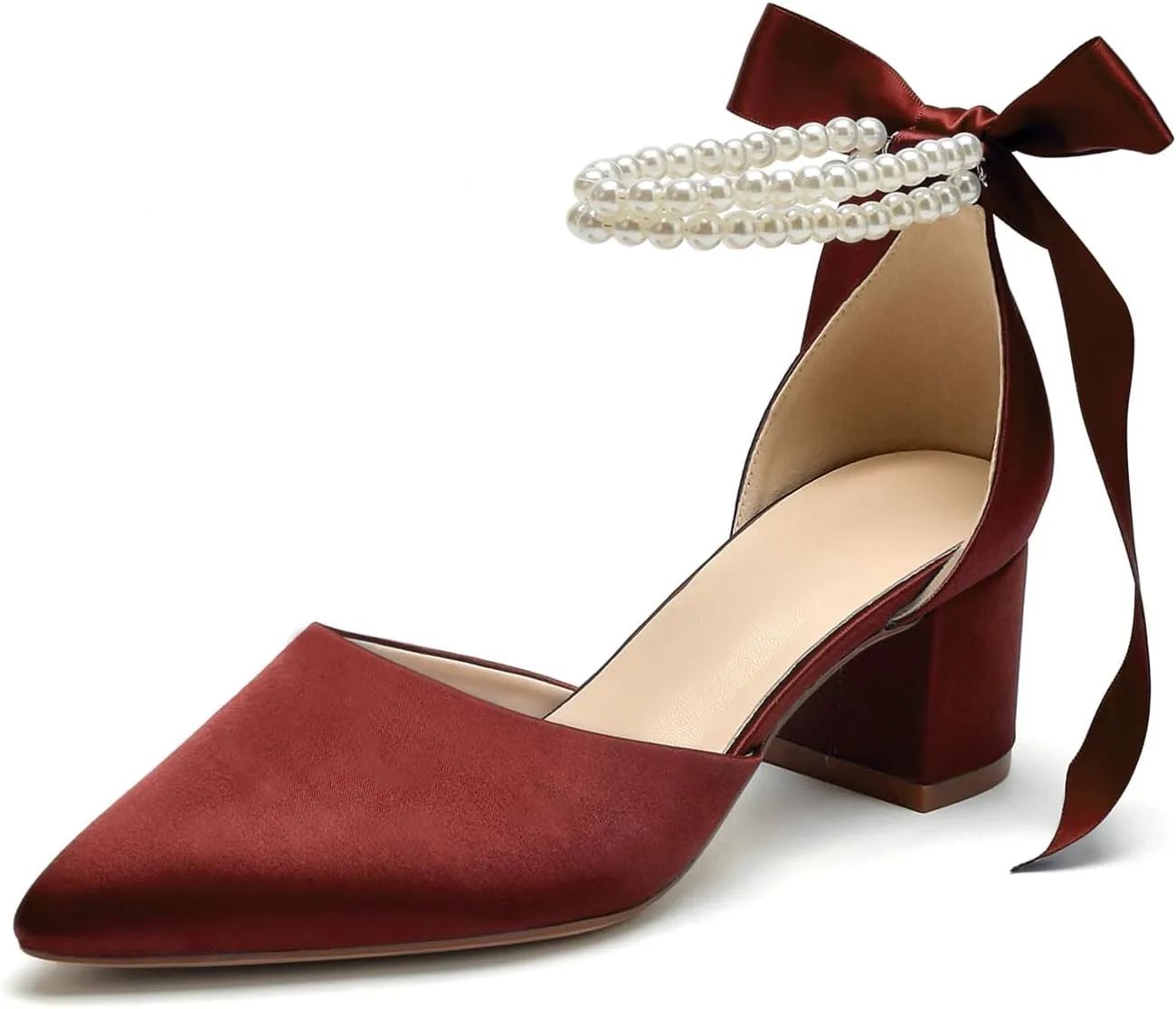 Women's Closed Toe Wedding Shoes Chunky Block Heels with Pearls Satin Pumps Ankle Strap Prom Evening Party Shoes