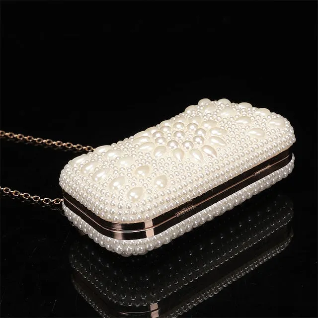 Women's Clutch Evening Bag Coin Purse Clutch Bags Leather for Evening Bridal Wedding Party with Pearls Chain in Geometric White Beige