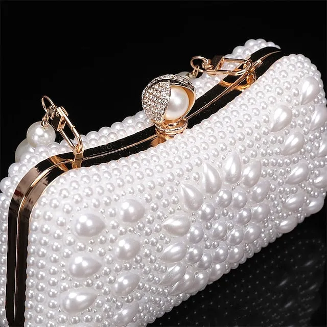 Women's Clutch Evening Bag Coin Purse Clutch Bags Leather for Evening Bridal Wedding Party with Pearls Chain in Geometric White Beige